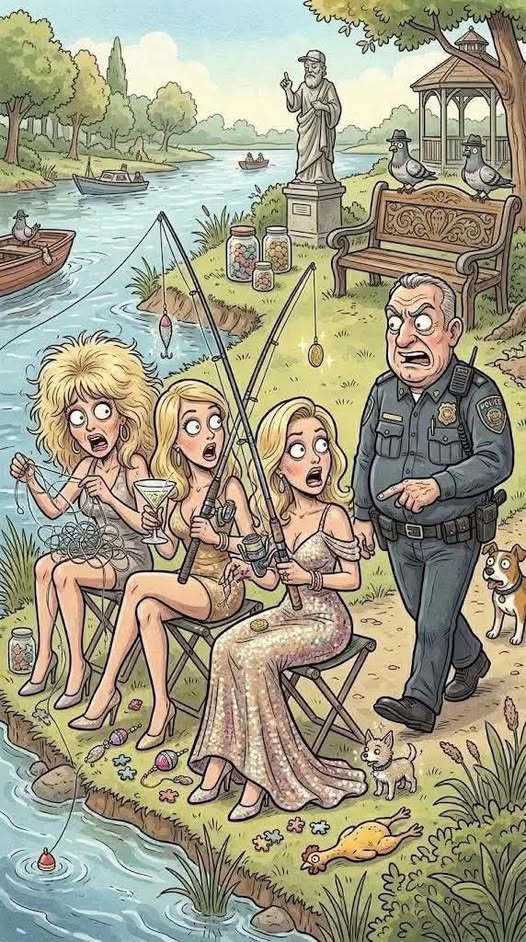 Three blondes were sitting by the side of a river